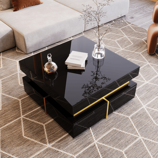 Mesa de centro com 2 gavetas - aspeto brilhante e decorações douradas - Preto