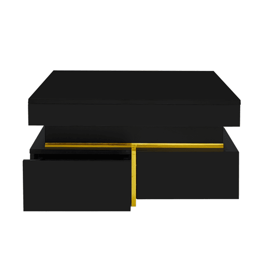 Mesa de centro com 2 gavetas - aspeto brilhante e decorações douradas - Preto