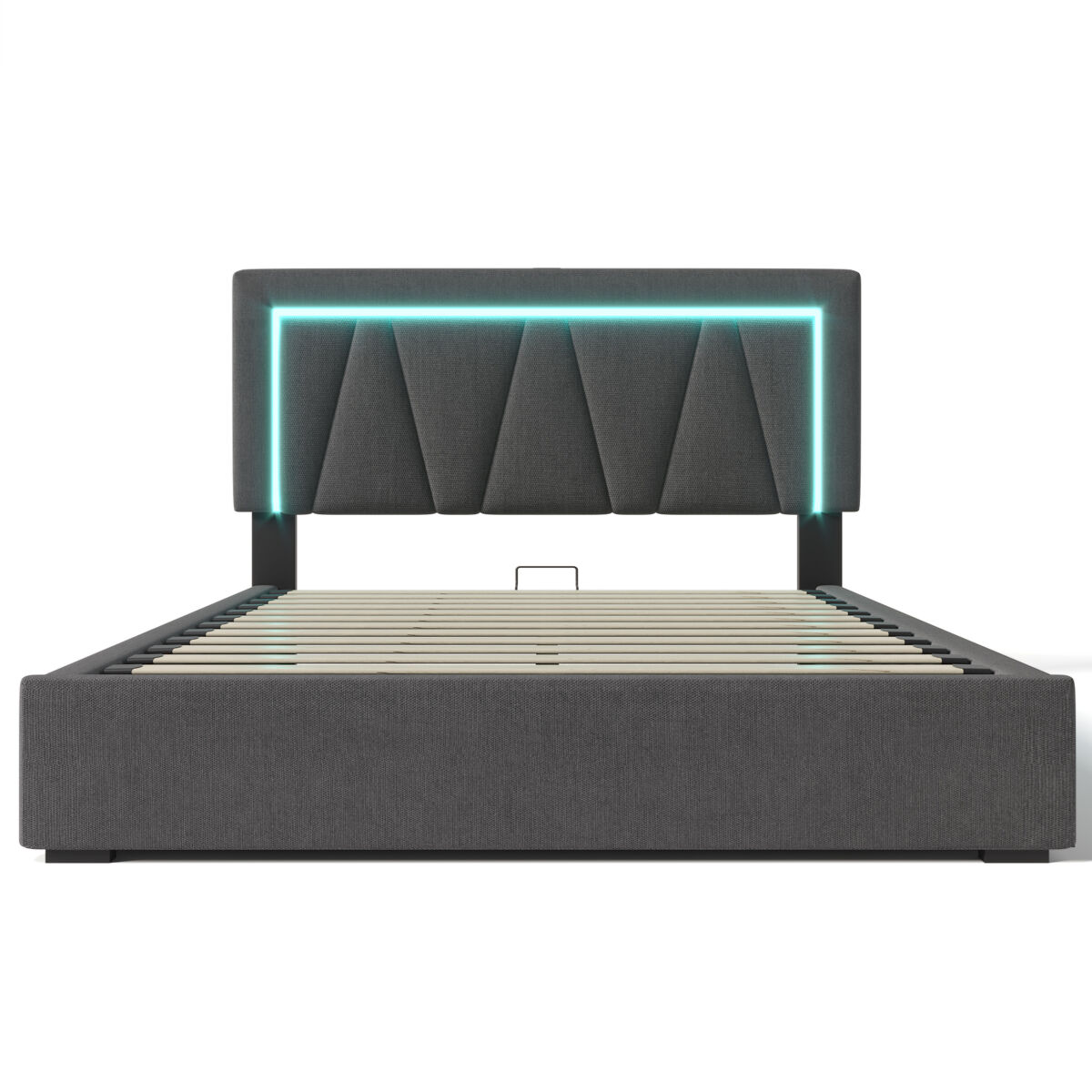 Cama contenedor tapizada 140x200cm con led y puerto de carga usb y tipo c - tela de lino - somier de láminas - gris