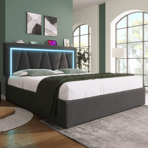 Cama contentora estofada 140x200cm com LED e porta de carregamento USB e Tipo C - Tecido de linho - Estrado de ripas - Cinzento