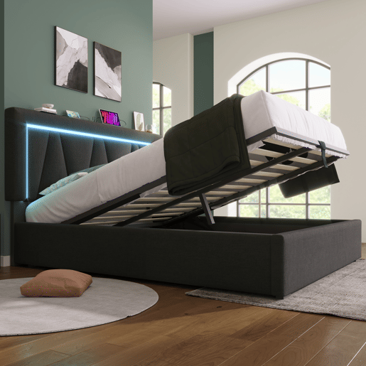 Cama contentora estofada 140x200cm com LED e porta de carregamento USB e Tipo C - Tecido de linho - Estrado de ripas - Cinzento