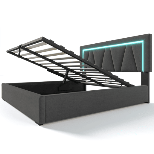 Cama contentora estofada 140x200cm com LED e porta de carregamento USB e Tipo C - Tecido de linho - Estrado de ripas - Cinzento
