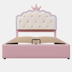 Cama contentora estofada 140x200 cm em imitação de pele - com LED e estrado de ripas - Rosa