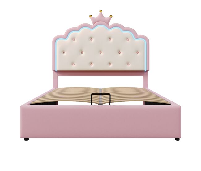 Cama contenedor tapizada 140x200 cm en símil piel - con led y somier de láminas - rosa