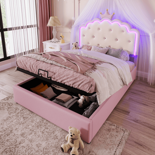Cama contentora estofada 140x200 cm em imitação de pele - com LED e estrado de ripas - Rosa