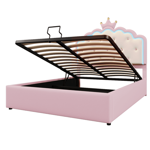 Cama contentora estofada 140x200 cm em imitação de pele - com LED e estrado de ripas - Rosa