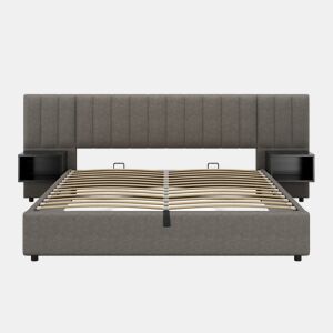Cama contentora em tecido de linho 180x200 cm - com 2 mesas de cabeceira e estrado de molas - Cinzento