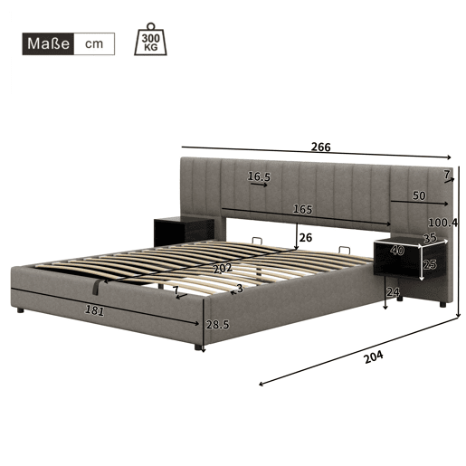 Cama contentora em tecido de linho 180x200 cm - com 2 mesas de cabeceira e estrado de molas - Cinzento