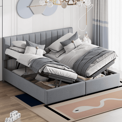 Cama Canapé estofada em tecido de linho - 180x200cm - convertível em 2 camas individuais - Cinzento