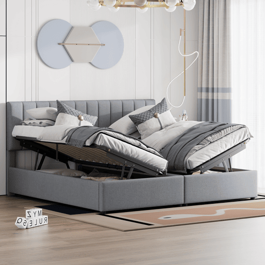 Cama Canapé estofada em tecido de linho - 180x200cm - convertível em 2 camas individuais - Cinzento