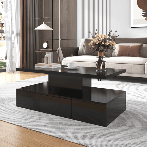 Mesa de centro com arrumação e LED - aspeto brilhante - Preto