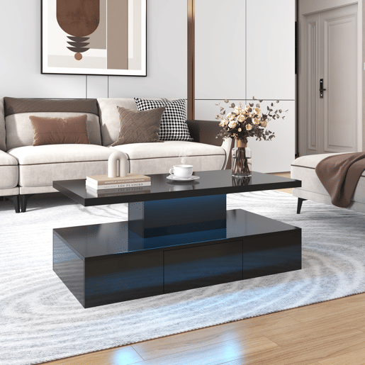 Mesa de centro com arrumação e LED - aspeto brilhante - Preto