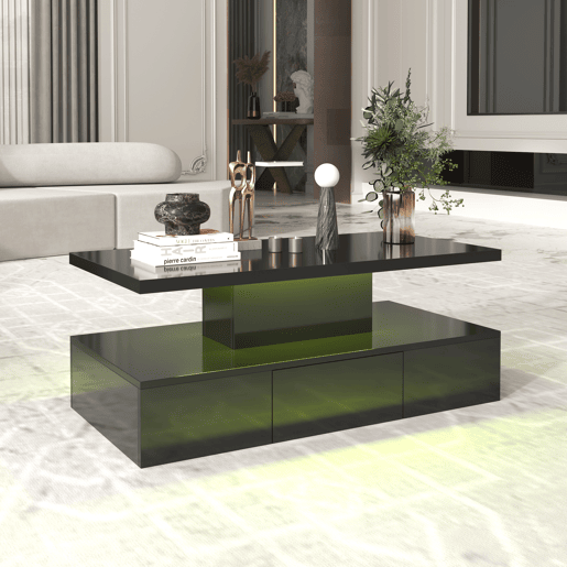 Mesa de centro com arrumação e LED - aspeto brilhante - Preto