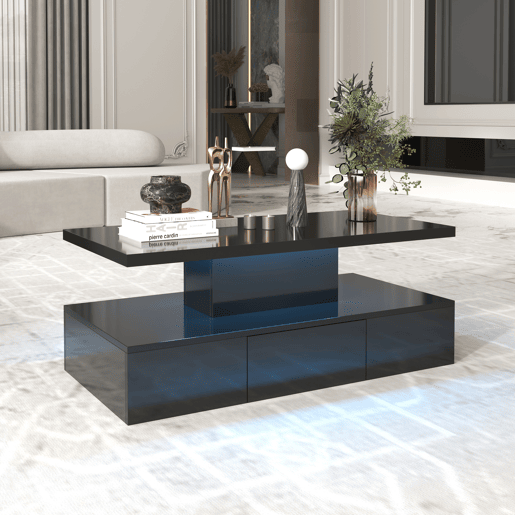 Mesa de centro com arrumação e LED - aspeto brilhante - Preto