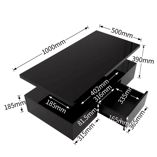 Mesa de centro com arrumação e LED - aspeto brilhante - Preto