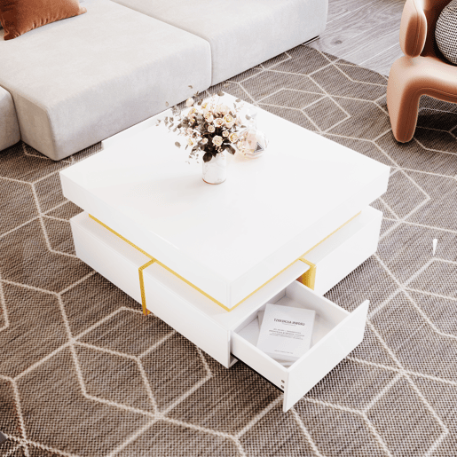 Mesa de centro com 2 gavetas - aspeto brilhante e decorações douradas - Branco