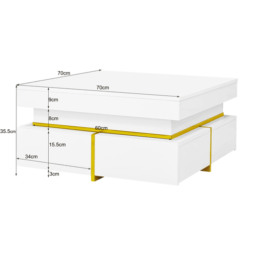 Mesa de centro com 2 gavetas - aspeto brilhante e decorações douradas - Branco