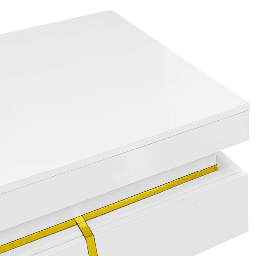 Mesa de centro com 2 gavetas - aspeto brilhante e decorações douradas - Branco