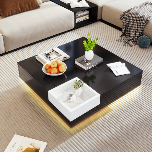 Mesa de centro quadrada com caixa de arrumação extraível - Luzes LED na parte inferior - Preto