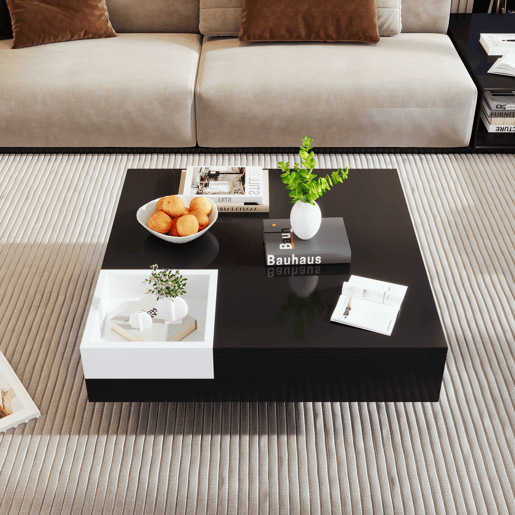 Mesa de centro quadrada com caixa de arrumação extraível - Luzes LED na parte inferior - Preto