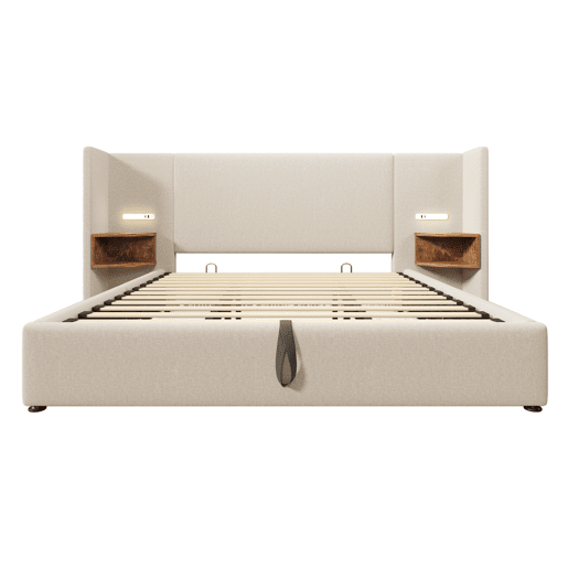 Cama contentora de linho 180x200 cm - 2 mesas de cabeceira com luz de leitura e função de carregamento - com estrado de molas - Bege