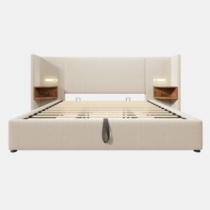 Cama contentora de linho 180x200 cm - 2 mesas de cabeceira com luz de leitura e função de carregamento - com estrado de molas - Bege