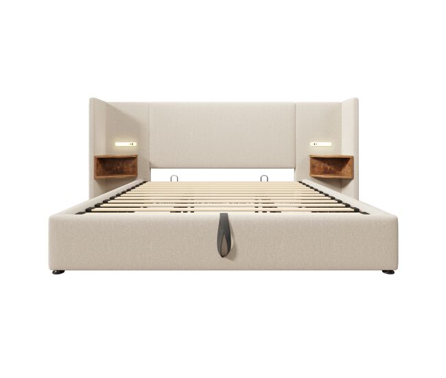 Cama contenedor de lino 180x200 cm - 2 mesitas de noche con luz de lectura y función de carga - con somier - beige