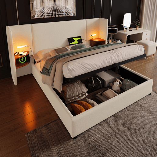 Cama contentora de linho 180x200 cm - 2 mesas de cabeceira com luz de leitura e função de carregamento - com estrado de molas - Bege