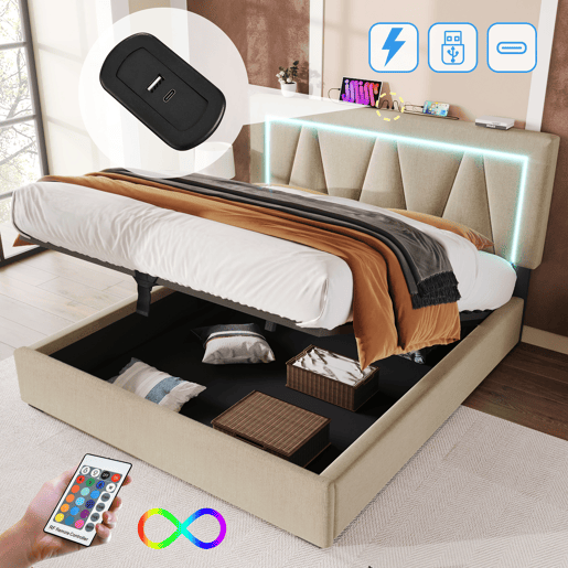 Cama contentora estofada 140x200cm com LED e porta de carregamento USB e Type-C - Tecido linho - Estrado de ripas - Bege