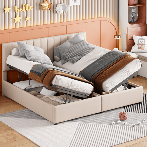 Cama Canapé estofada em tecido de linho - 180x200cm - convertível em 2 camas individuais - Bege