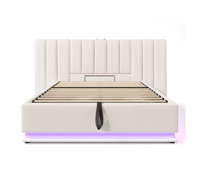 Cama contenedor tapizada en símil piel 180×200 cm - con led y carga - con somier de láminas - blanco