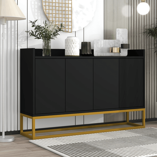 Aparador com 4 portas sem puxadores - estilo contemporâneo - madeira + metal - preto
