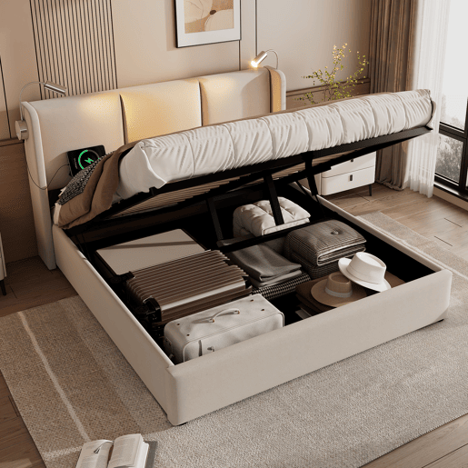 Cama contentora em pele sintética de 140x200 cm - com luzes de leitura e portas de carregamento USB - com estrado de molas - Bege