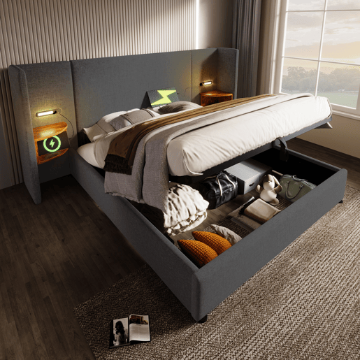 Cama contentora de linho 180x200 cm - 2 mesas de cabeceira com luz de leitura e função de carregamento - com estrado de molas - Cinzento