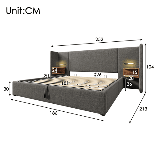 Cama contentora de linho 180x200 cm - 2 mesas de cabeceira com luz de leitura e função de carregamento - com estrado de molas - Cinzento