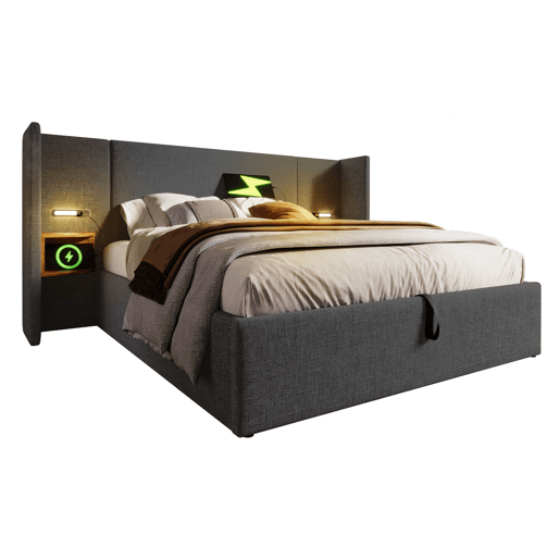 Cama contentora de linho 180x200 cm - 2 mesas de cabeceira com luz de leitura e função de carregamento - com estrado de molas - Cinzento