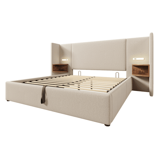 Cama contentora de linho 160x200 cm - 2 mesas de cabeceira com luz de leitura e função de carregamento - com estrado de molas - Bege