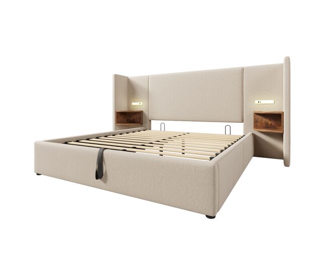 Cama contenedor de lino 160x200 cm - 2 mesitas de noche con luz de lectura y función de carga - con somier - beige