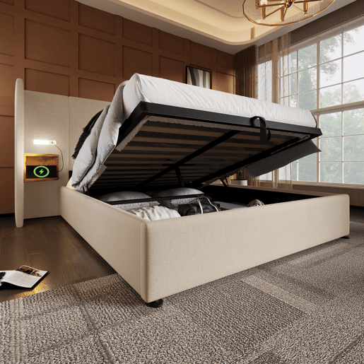 Cama contentora de linho 160x200 cm - 2 mesas de cabeceira com luz de leitura e função de carregamento - com estrado de molas - Bege