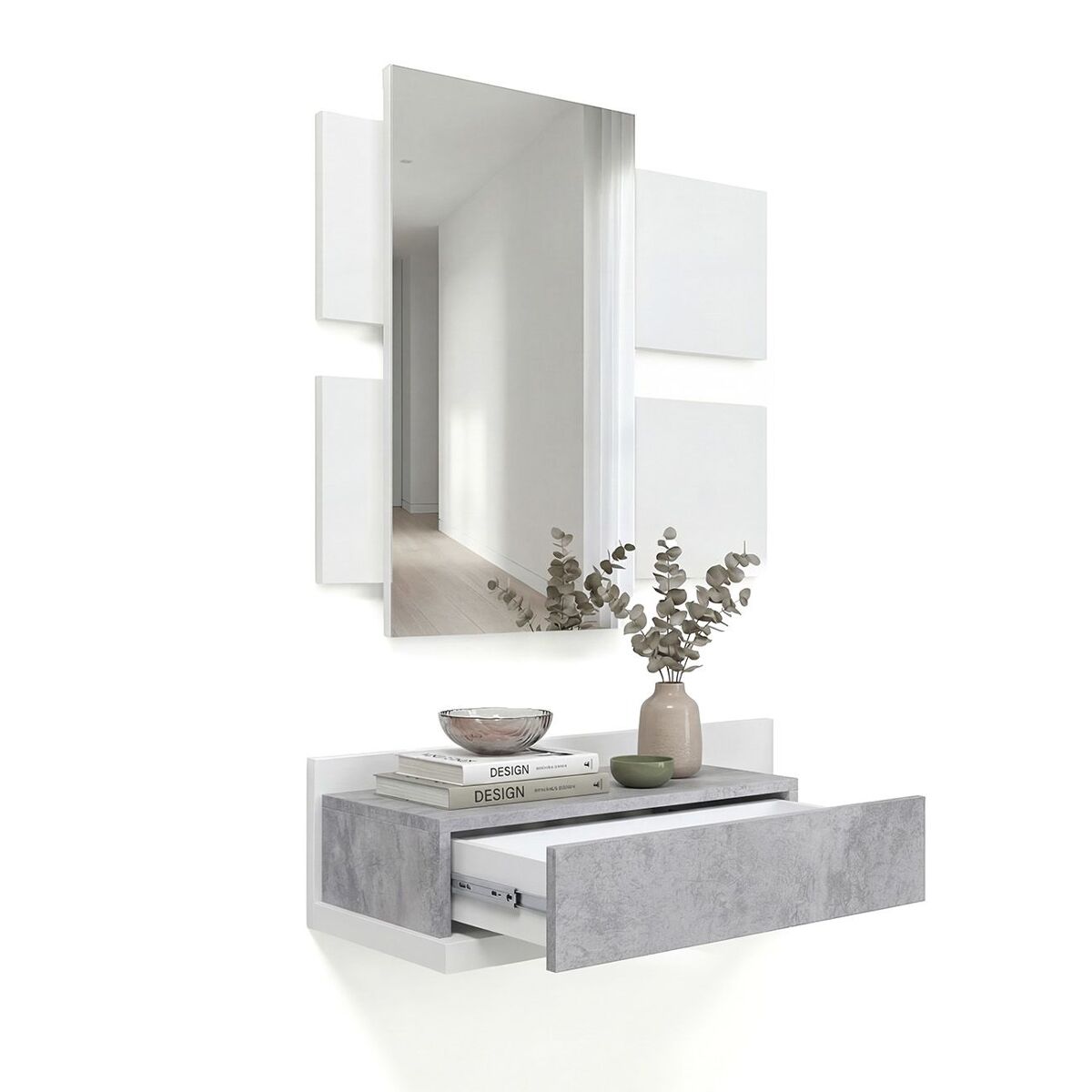 Mueble recibidor con 1 cajón y espejo en blanco mate y gris cemento 75 cm milo blanco artik (blanco mate) - gris cemento 75 x 116 x 29 cm