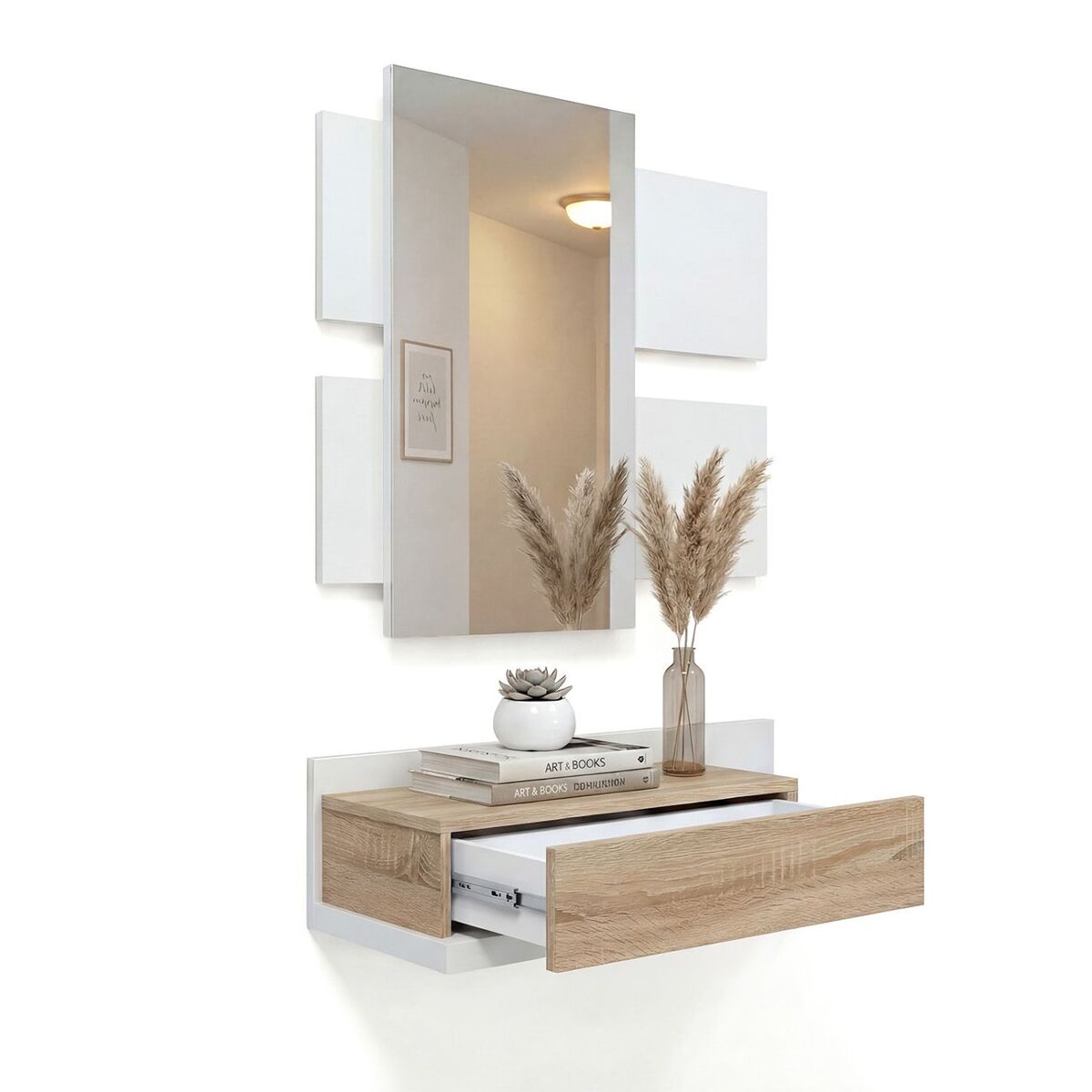 Mueble recibidor con 1 cajón y espejo en blanco mate y roble canadian 75 cm milo blanco artik (blanco mate) - roble canadian 75 x 116 x 29 cm