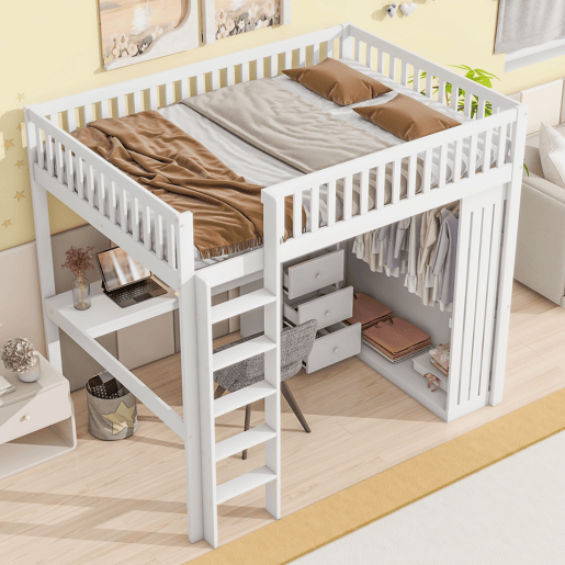 Cama alta de madeira 140x200 cm - com secretária e roupeiro - Branco