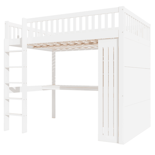 Cama alta de madeira 140x200 cm - com secretária e roupeiro - Branco