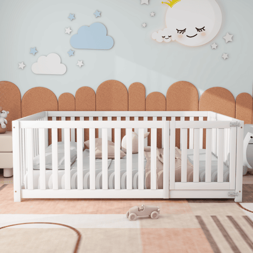 Cama de madeira maciça para crianças 140x200cm com barreira de segurança - Branco