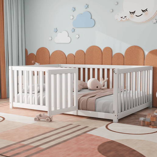 Cama de madeira maciça para crianças 140x200cm com barreira de segurança - Branco