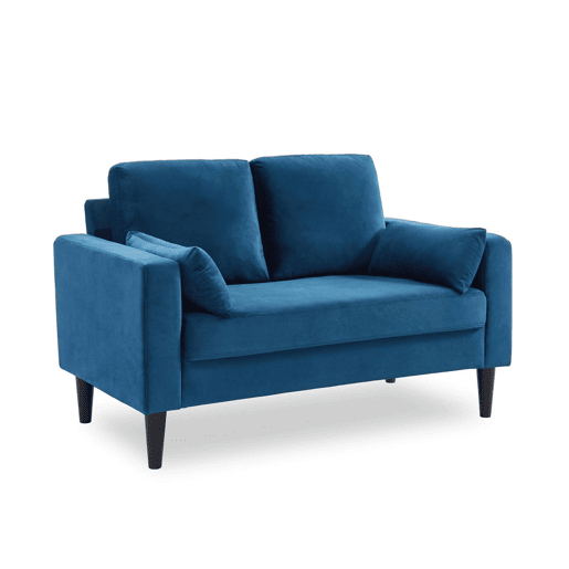 Sofá veludo liso com pernas de madeira hevea, 2 lugares, Bjorn veludo, Azul, 130x79x69 cm