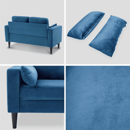 Sofá veludo liso com pernas de madeira hevea, 2 lugares, Bjorn veludo, Azul, 130x79x69 cm