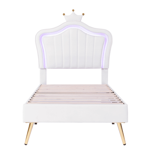Cama de criança 90x200cm em pele sintética com LED + cabeceira regulável + estrado - Branco