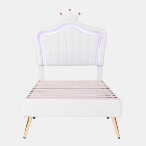 Cama de criança 90x200cm em pele sintética com LED + cabeceira regulável + estrado - Branco