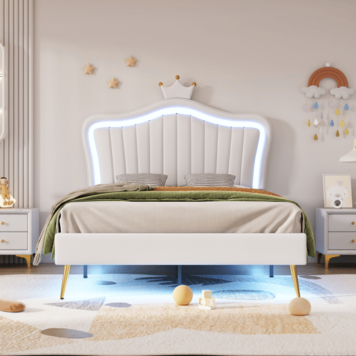 Cama de criança 90x200cm em pele sintética com LED + cabeceira regulável + estrado - Branco